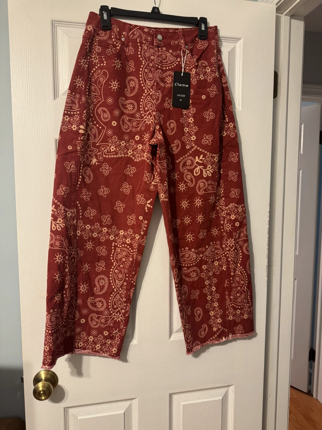 Chartou Women's Bandana Print Wide Leg Cropped Jeans Size M