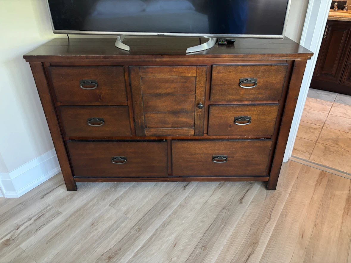 Brown Wooden Dresser with Drawers and Cabinet