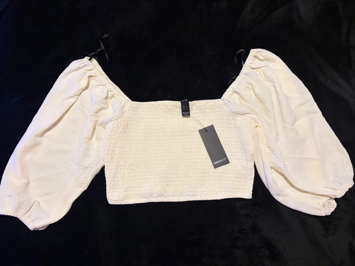 Forever 21 Cream Smocked Cropped Top