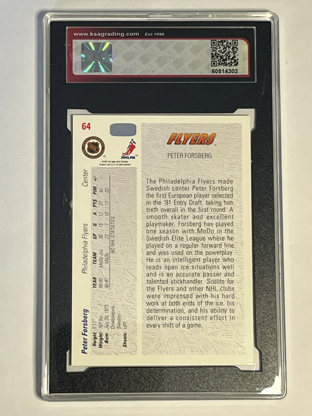 1991-92 Upper Deck Peter Forsberg Rookie Card #64 (KSA 9.5 NGM) - photo 2