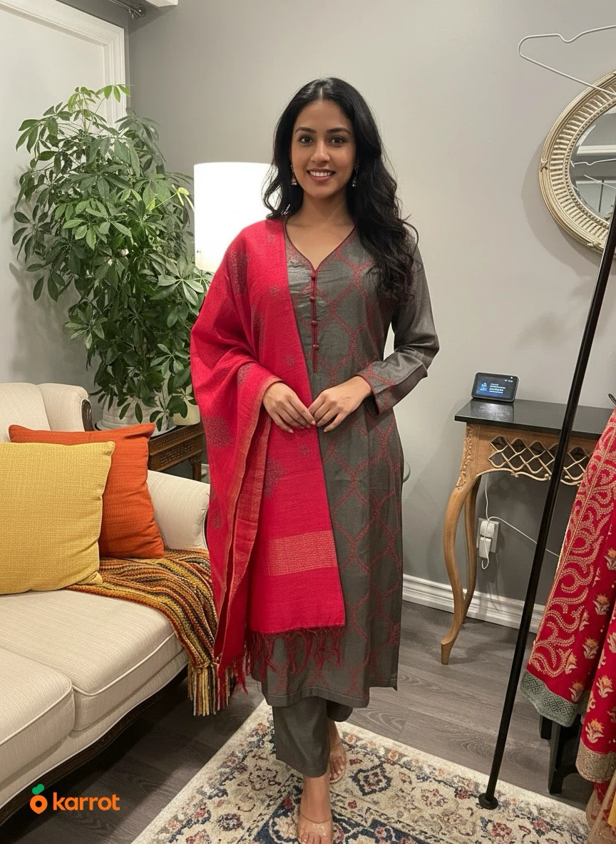 Women's Grey Kurti with Red Dupatta