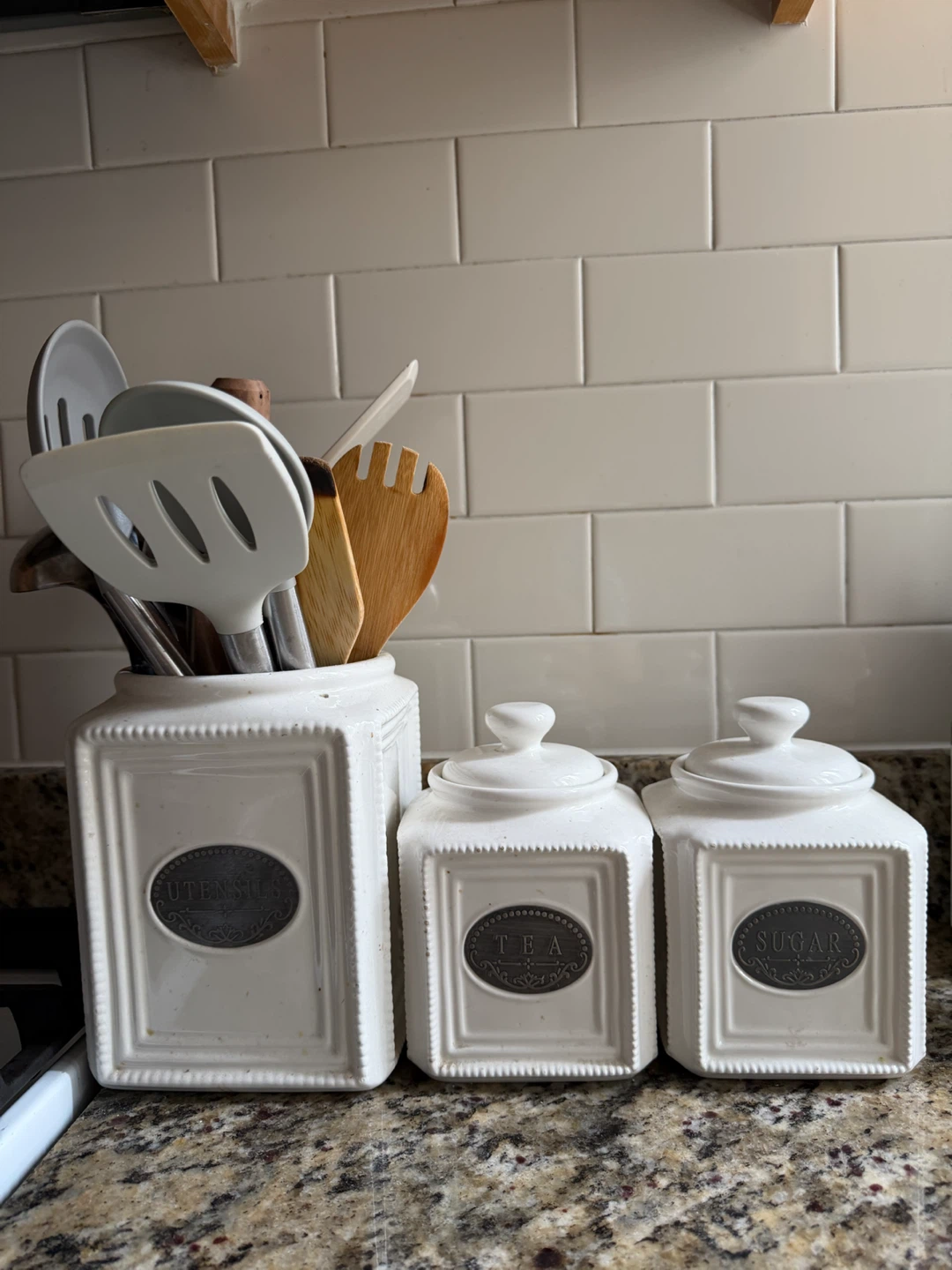 White Ceramic Kitchen Canister Set with Utensil Holder