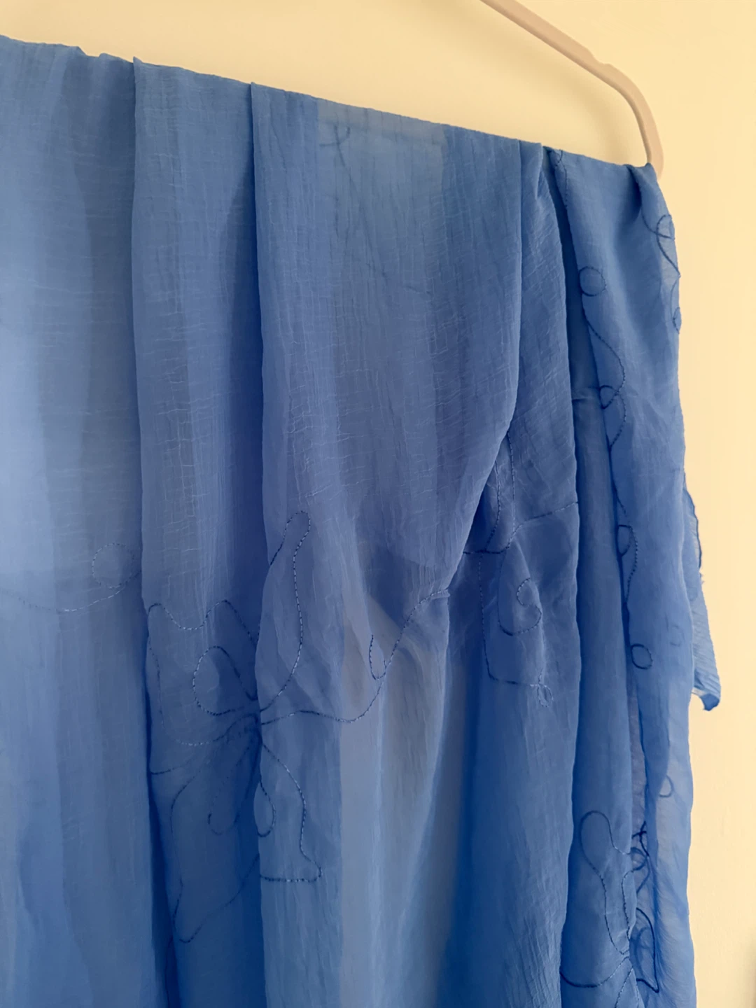 Blue sheer scarf or beach sarong with floral embroidery