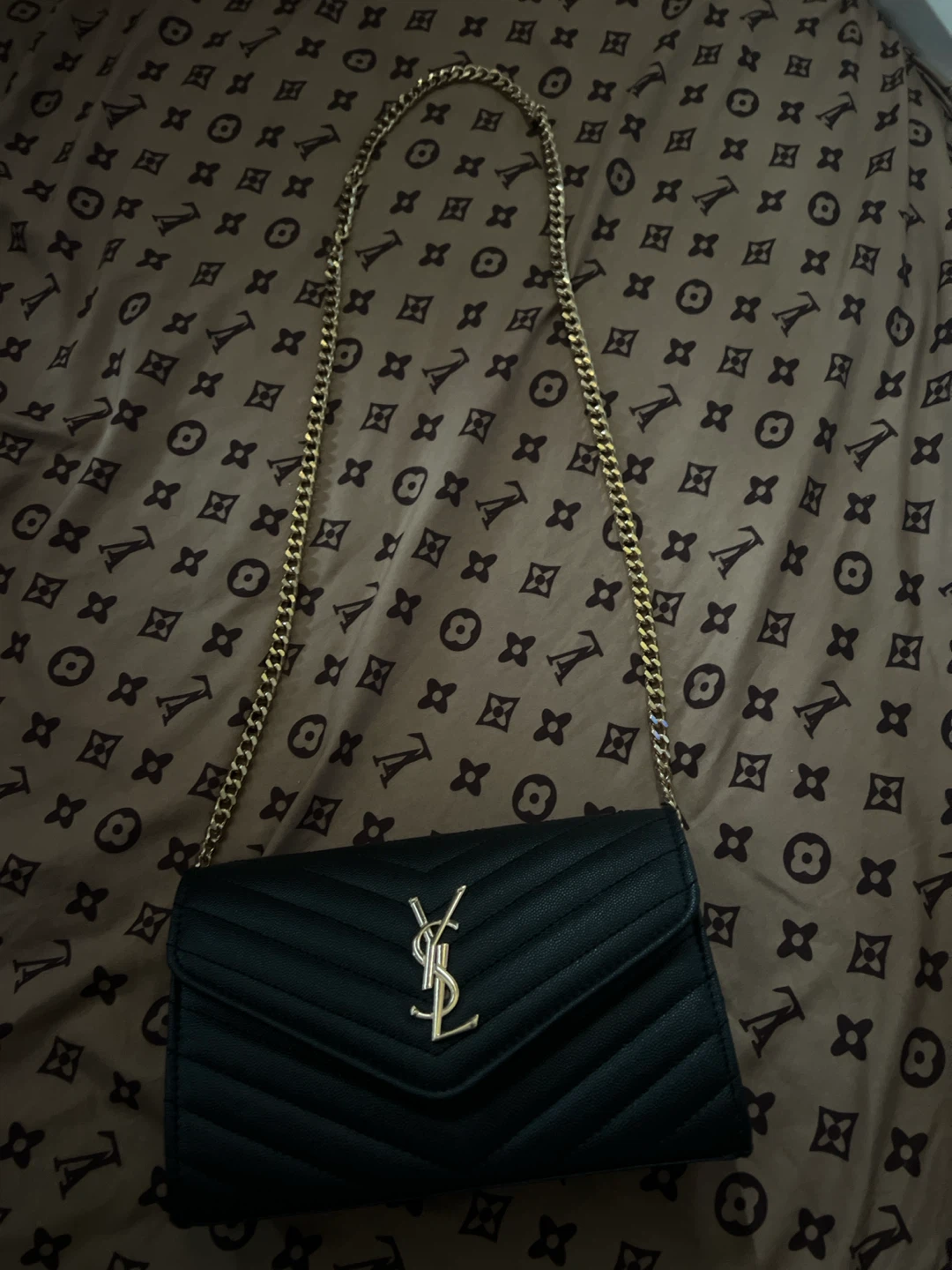 Real Saint Laurent Black Leather Wallet on Chain