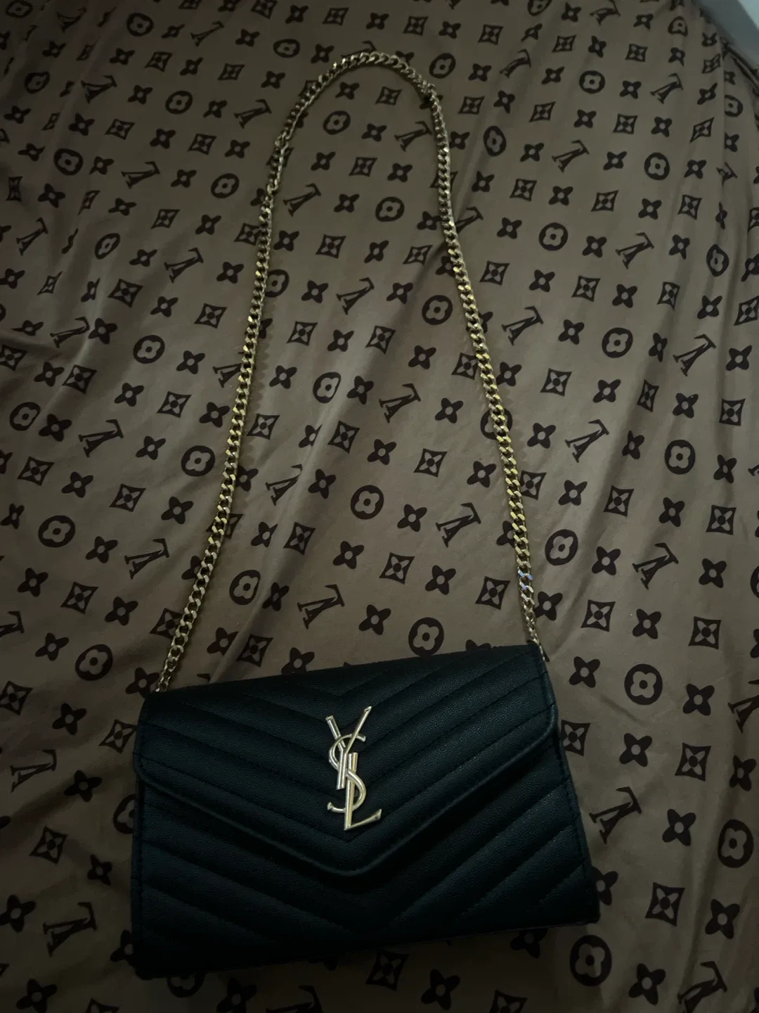 Real Saint Laurent Black Leather Wallet on Chain