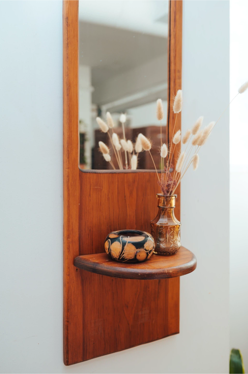 Mid-Century Entryway Mirror with Clock & Display Shelf