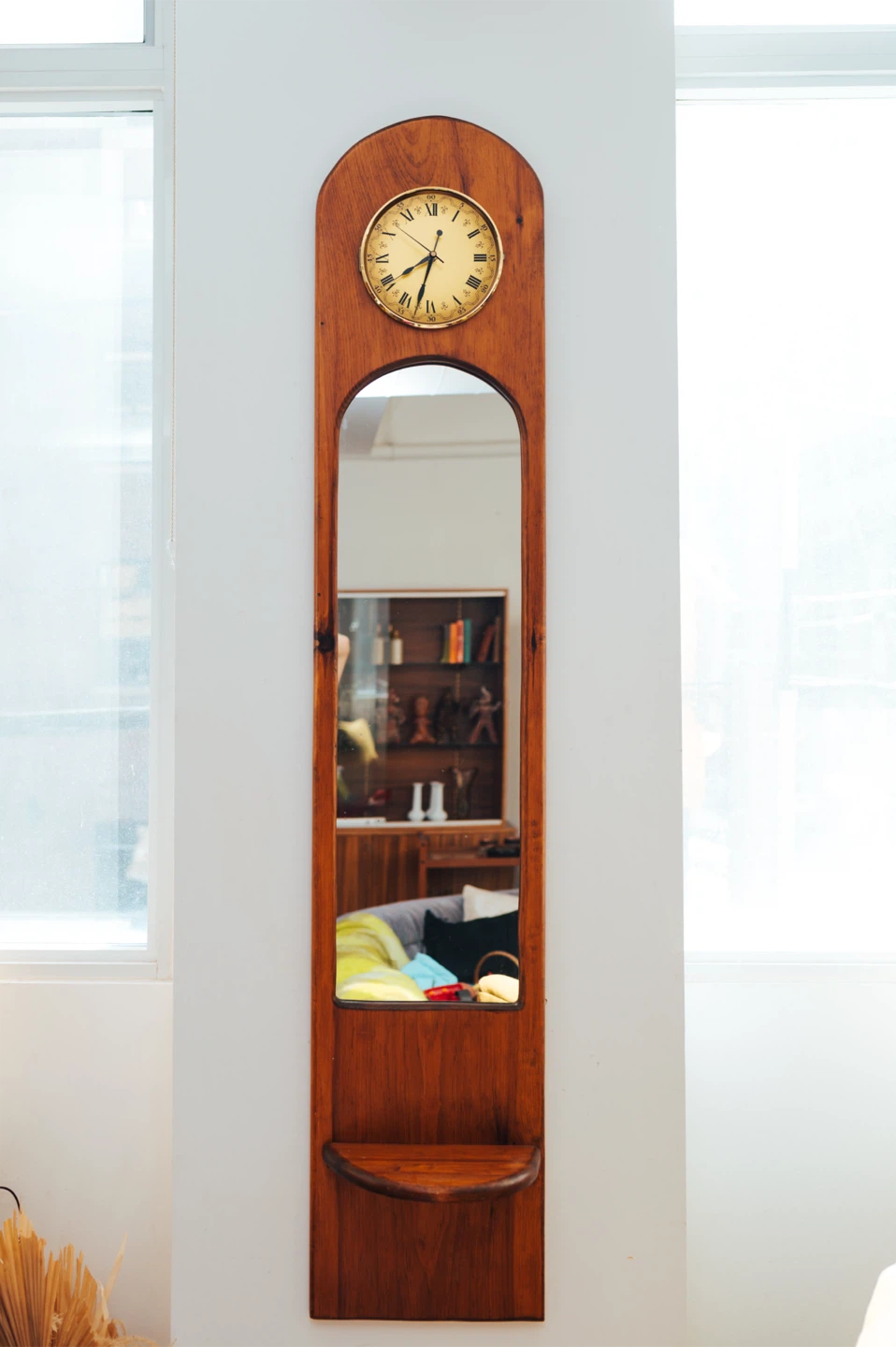 Mid-Century Entryway Mirror with Clock & Display Shelf - photo 2