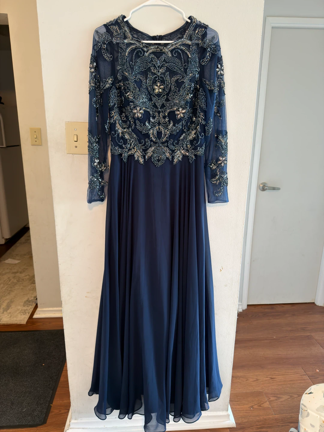 Navy Blue Beaded Long Sleeve Gown size S