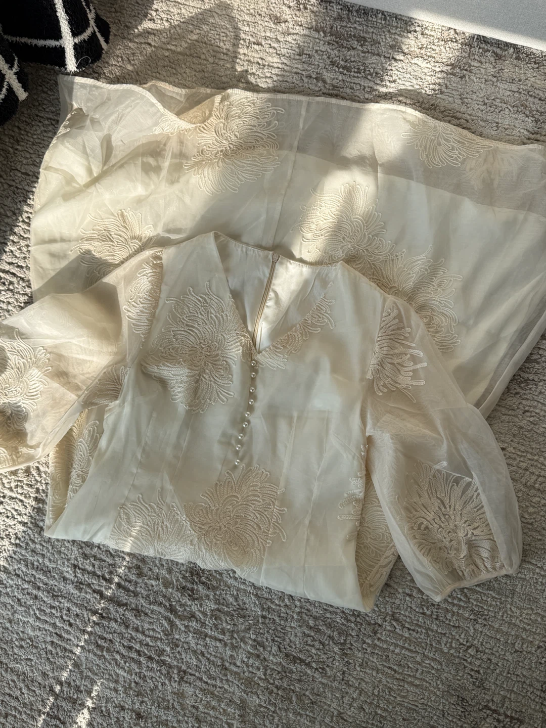 Cream Embroidered Blouse with Pearl Buttons