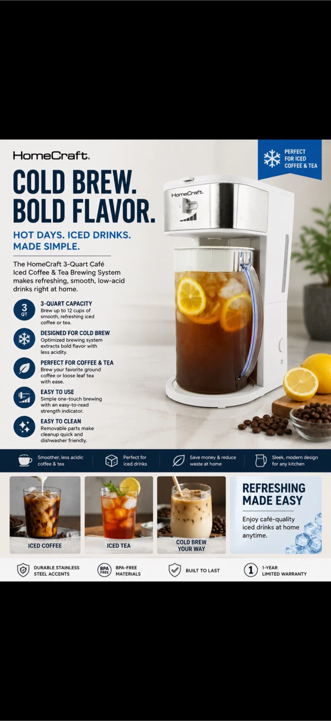 HomeCraft 3-Quart Cafe Iced Coffee & Tea Brewing System