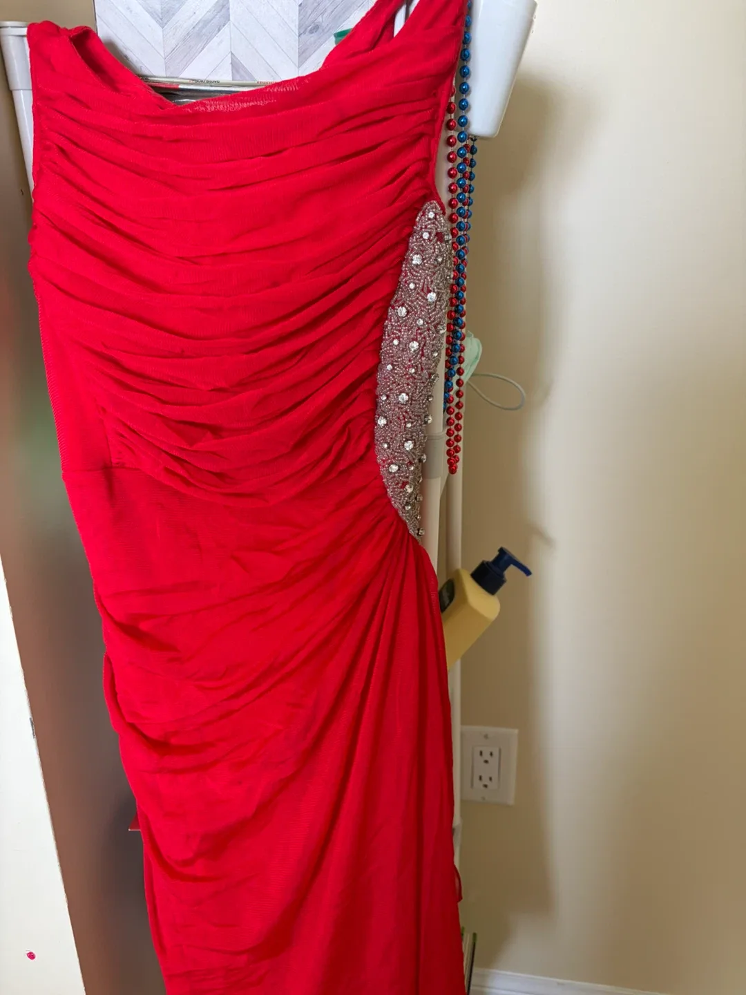 Red One-Shoulder Beaded Ruched Dress