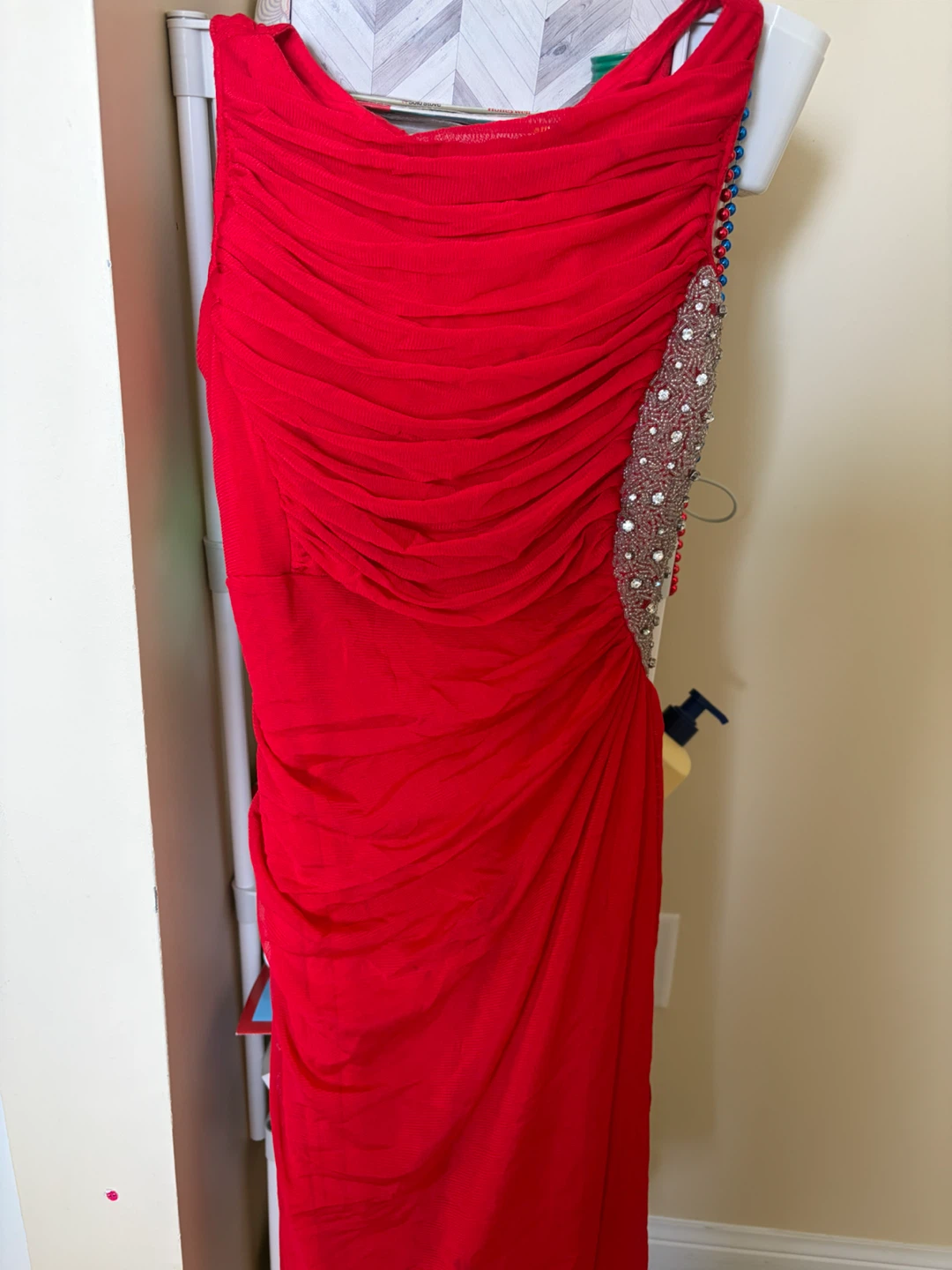 Red One-Shoulder Beaded Ruched Dress - photo 2