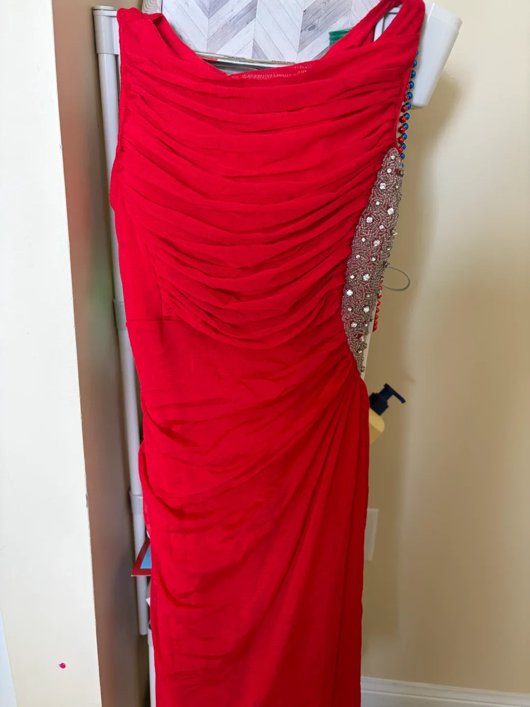 Red One-Shoulder Beaded Ruched Dress - photo 2
