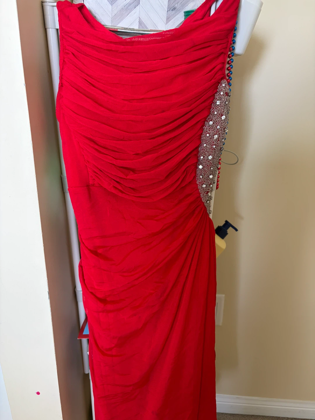 Red One-Shoulder Beaded Ruched Dress - photo 3