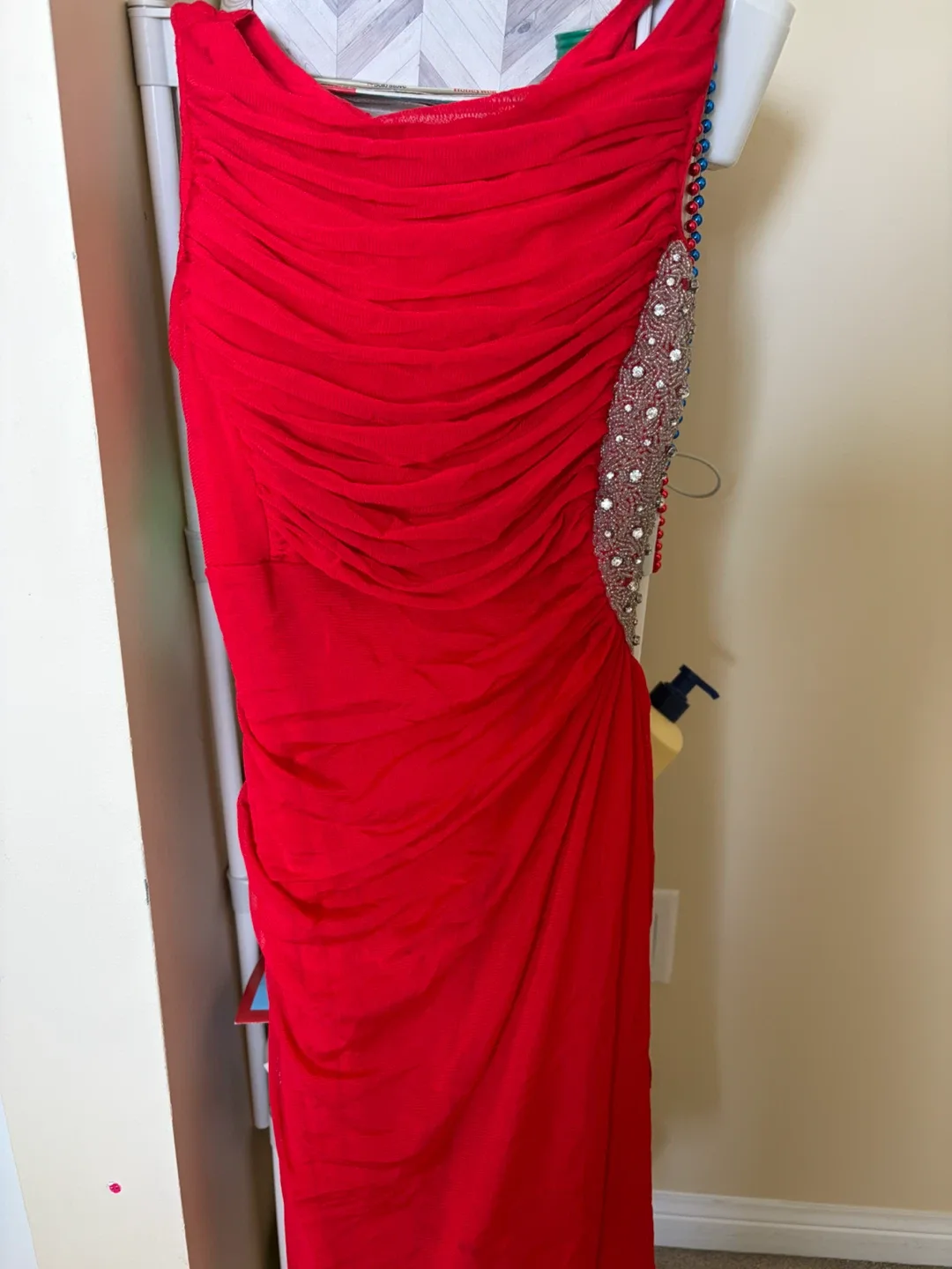 Red One-Shoulder Beaded Ruched Dress - photo 3