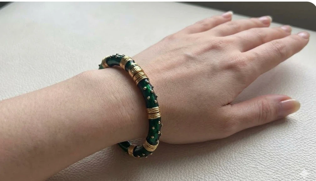 Green Enamel & Gold Tone Bangle Bracelet - photo 2