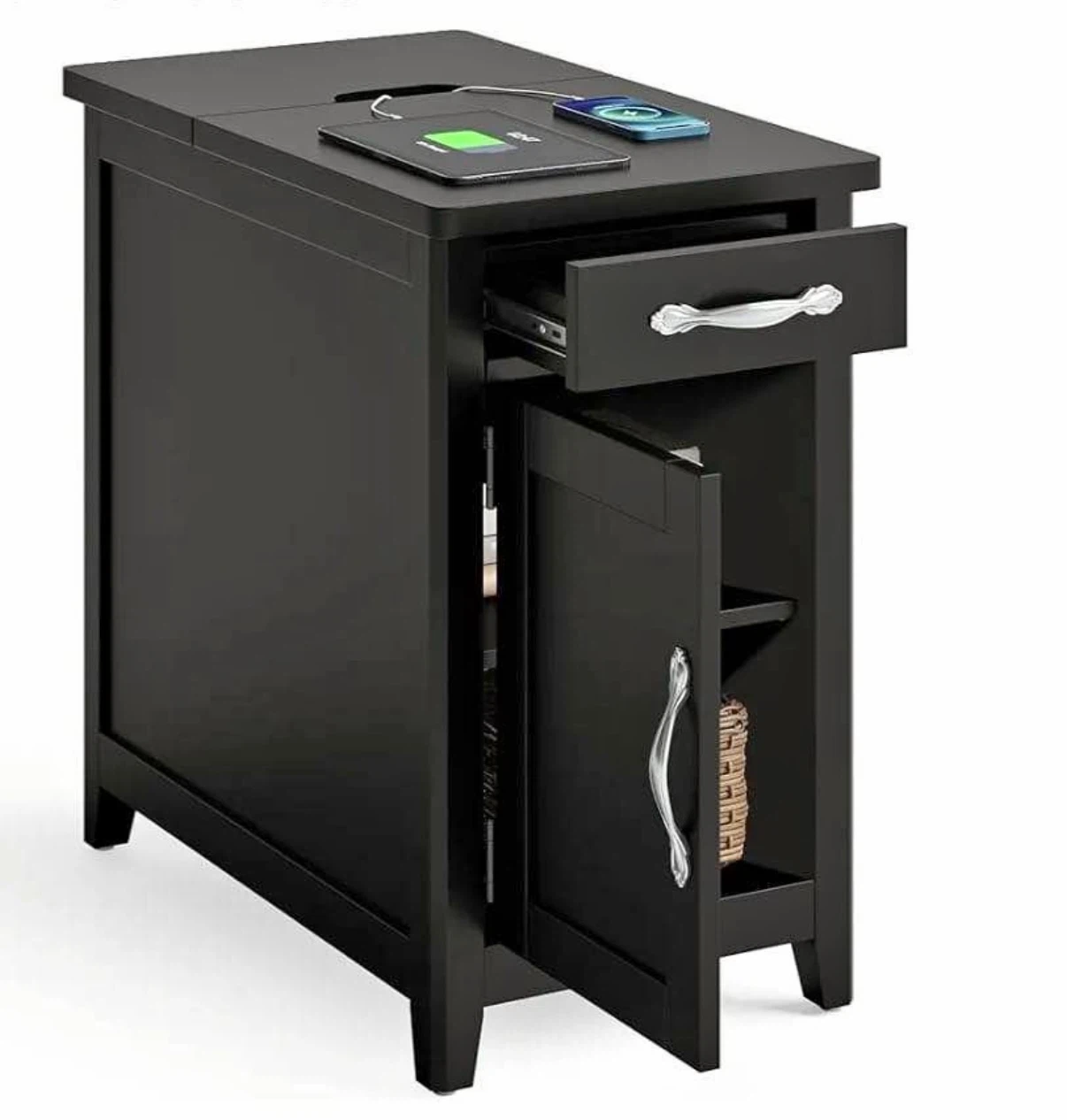 Black End Table with Drawer and Charging Station