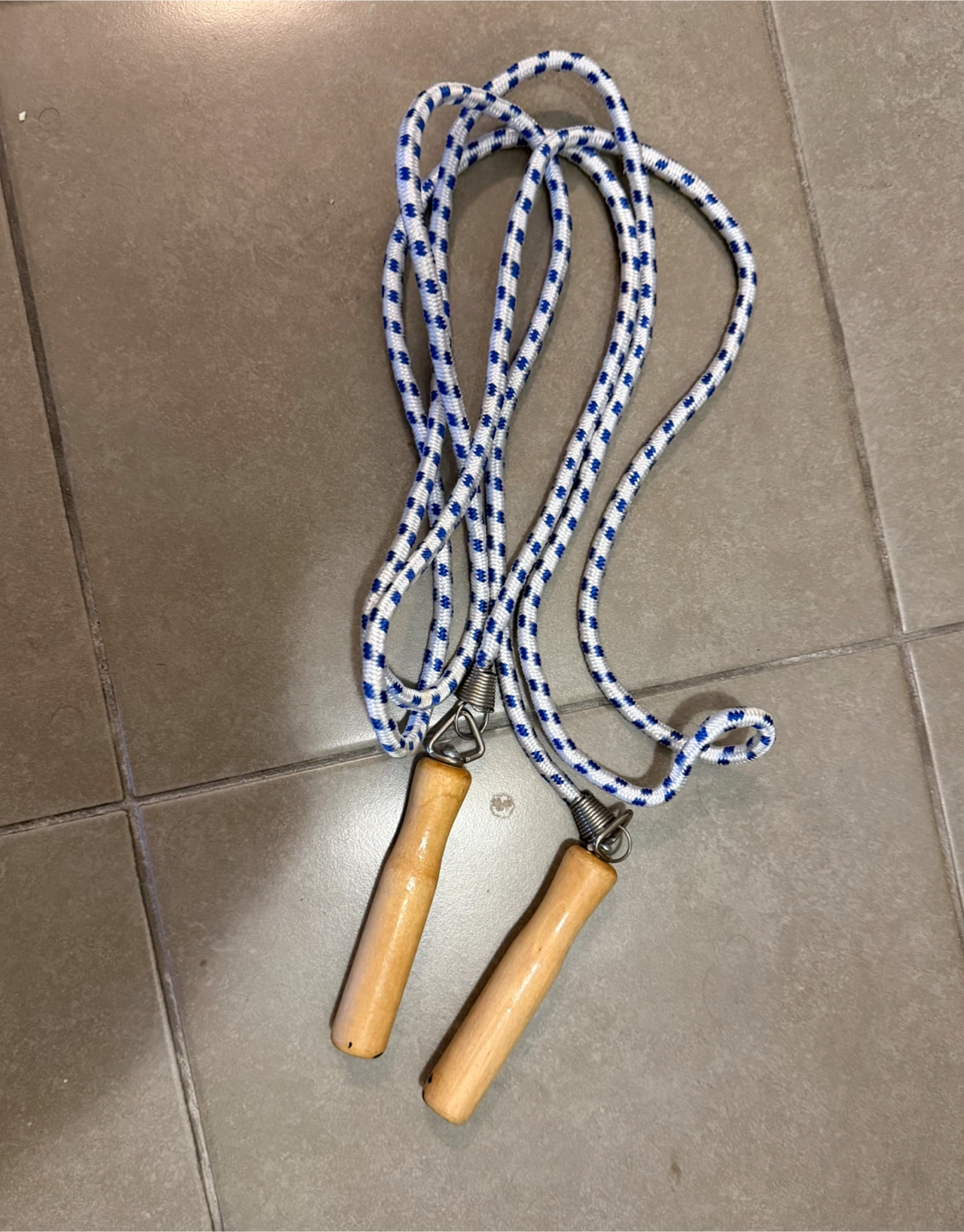 Vintage Wooden Handle Jump / Skipping Rope - Blue & White Cord
