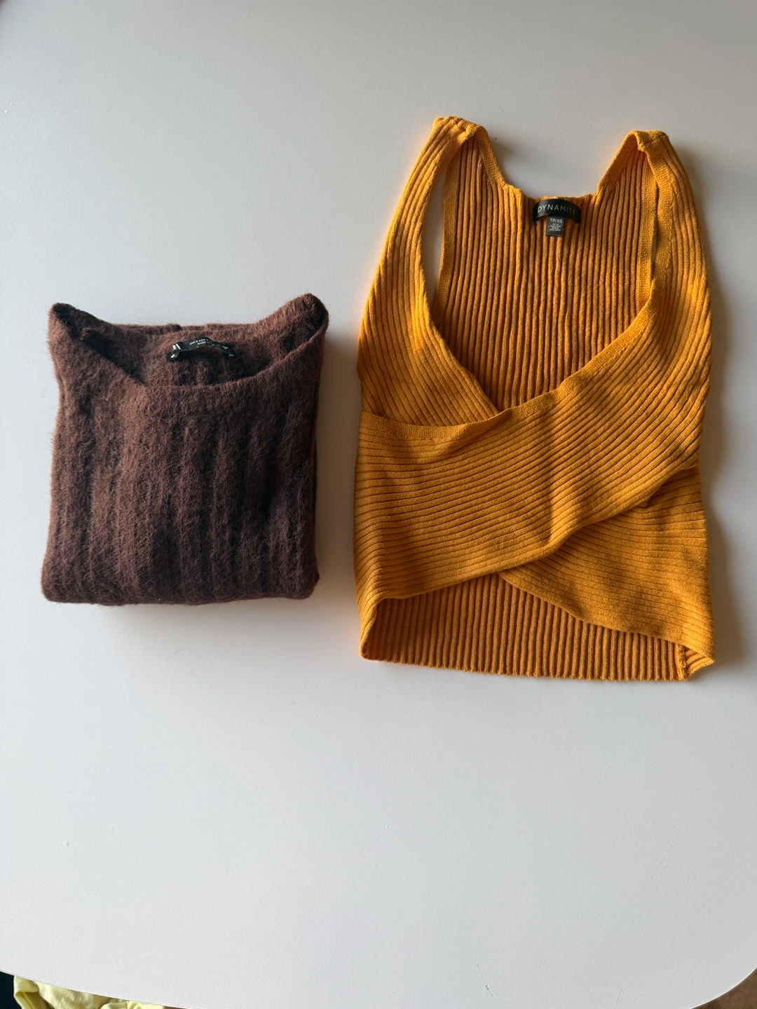 Dynamite yellow Ribbed Wrap Top & Brown Fuzzy Sweater Bundle
