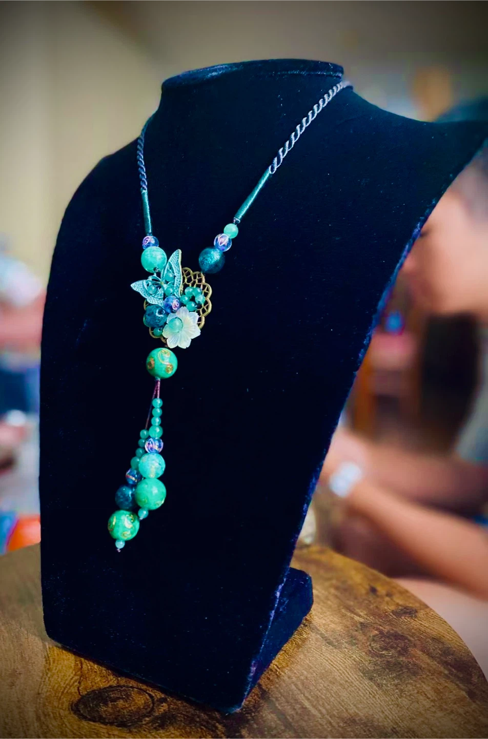 Green Beaded Necklace with Butterfly Pendant