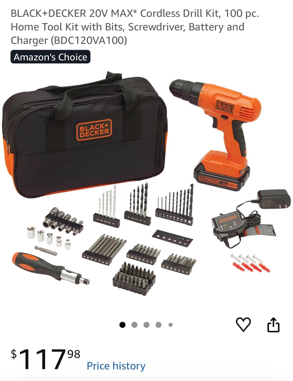 BLACK+DECKER 20V MAX Cordless Drill Kit, 100 pc. - photo 2