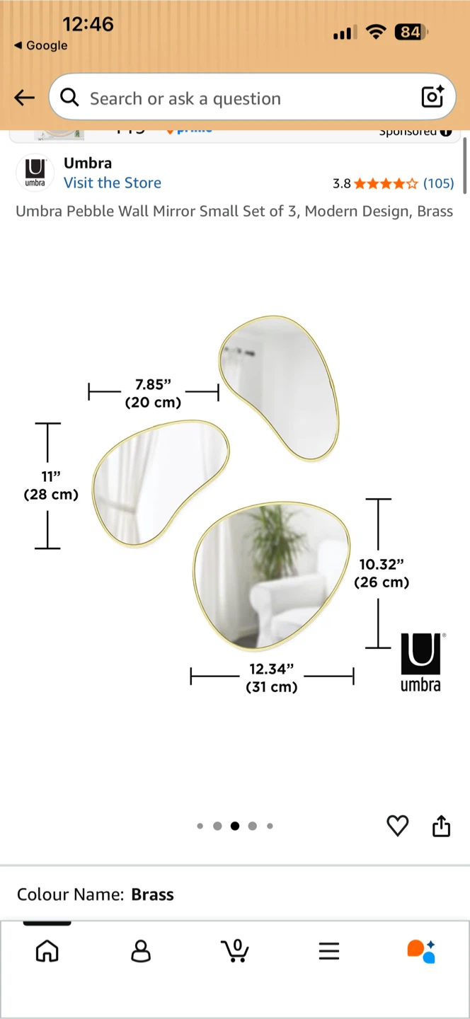 Umbra Pebble Wall Mirror Small Set of 3, Modern Design, Brass - photo 2