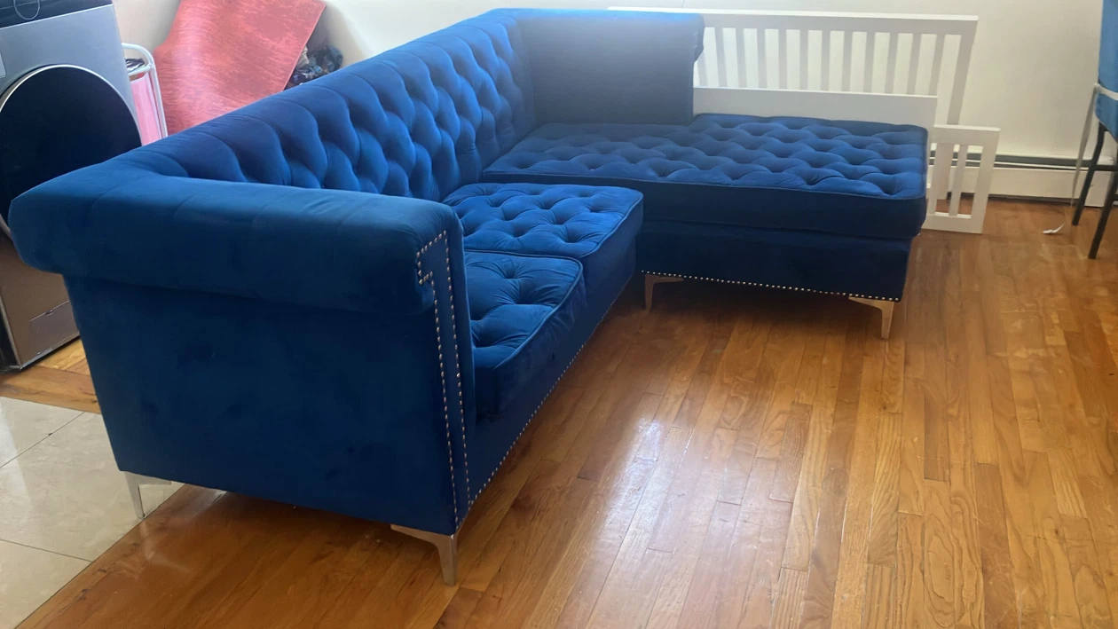 Blue Velvet Tufted Sectional Sofa