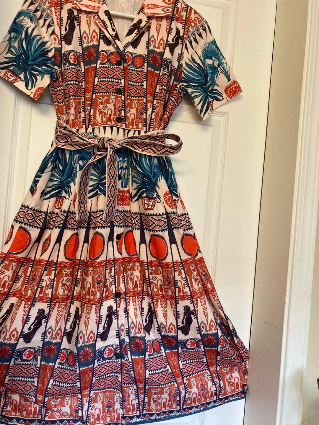 Women's Printed Button-Up Midi Dress with Belt