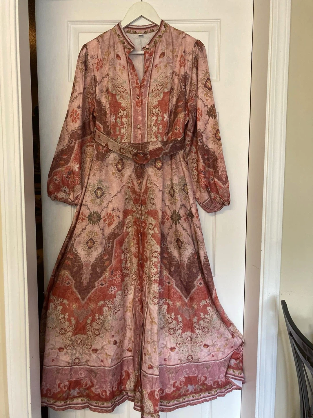 Pink Floral Maxi Dress with Belt