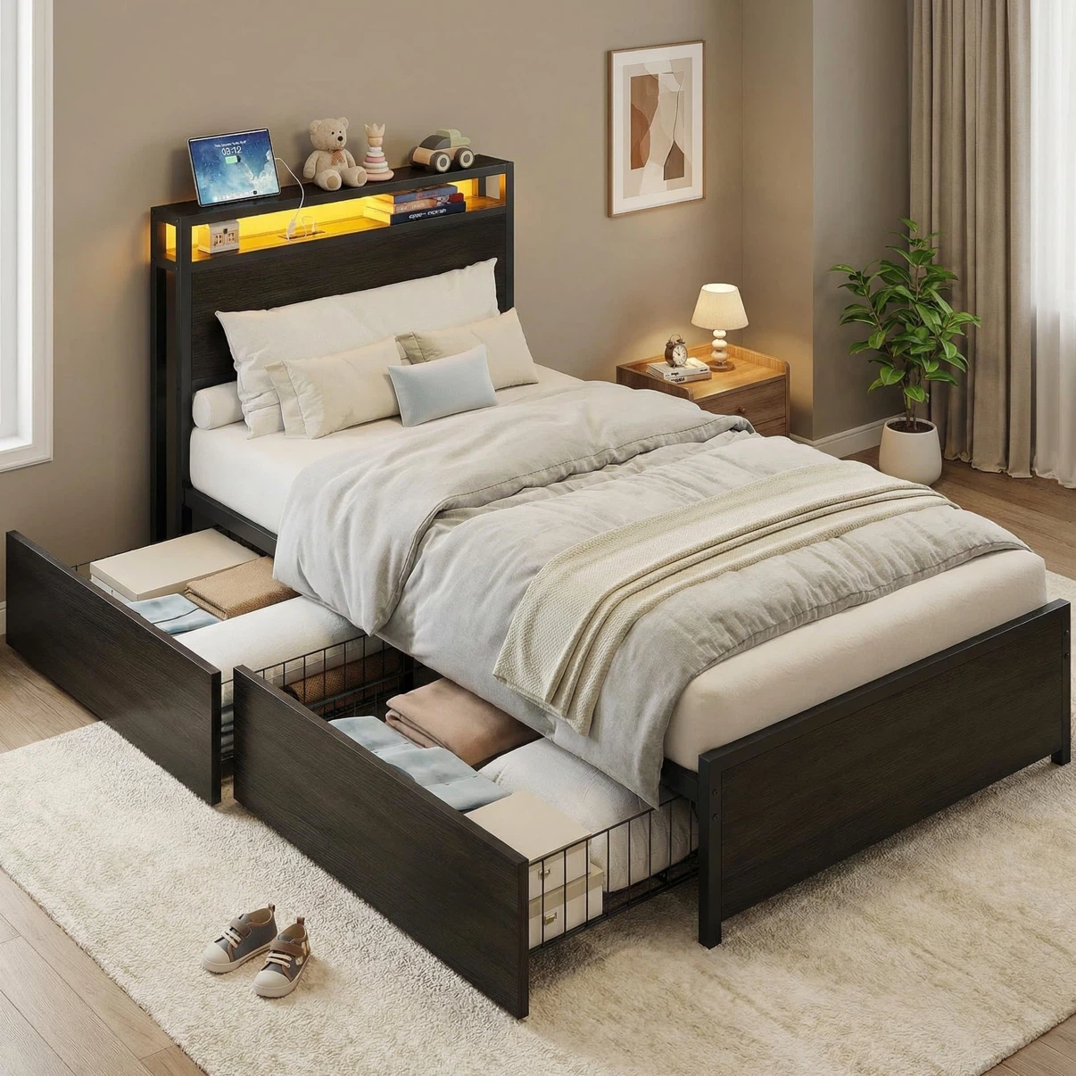 LIKIMIO Twin Bed Frame, with 2-Tier Shelves & Charging Station