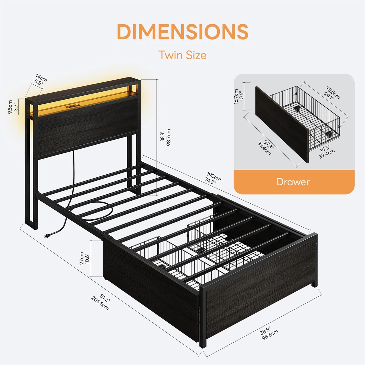 LIKIMIO Twin Bed Frame, with 2-Tier Shelves & Charging Station - photo 2