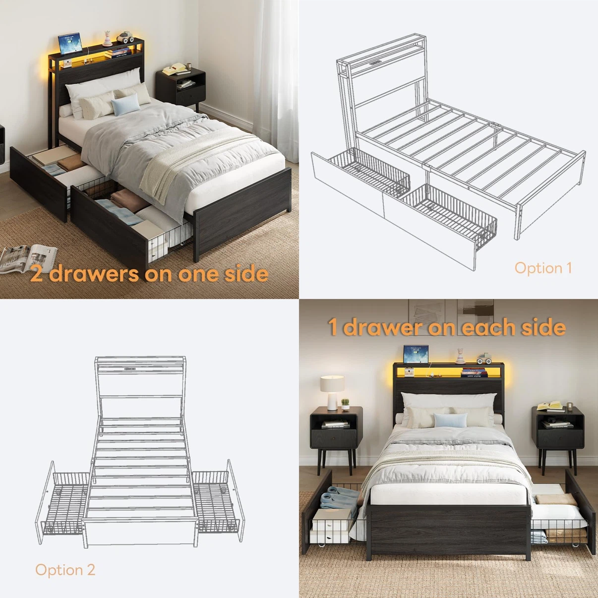 LIKIMIO Twin Bed Frame, with 2-Tier Shelves & Charging Station - photo 3