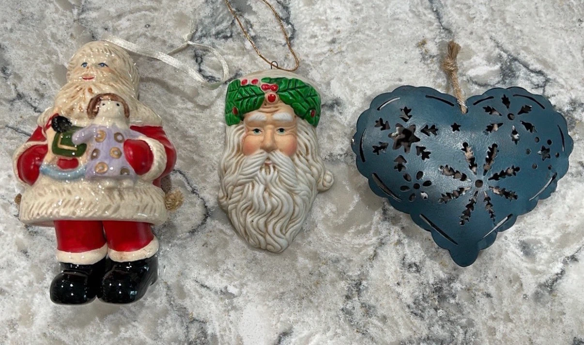 Santa w/ Swinging Legs, Santa Head, Heart Christmas Ornaments