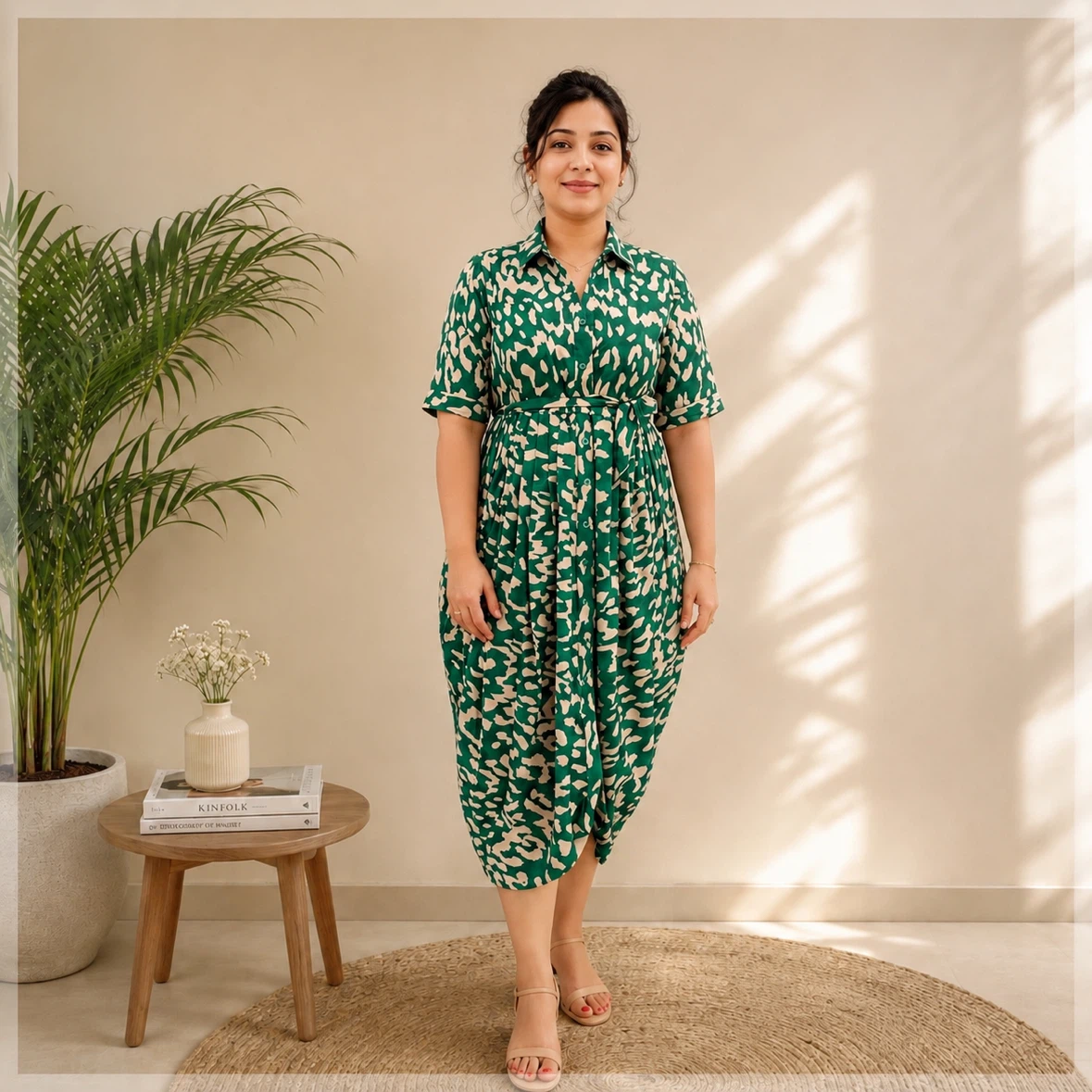 Green Leaf Print Shirt Dress