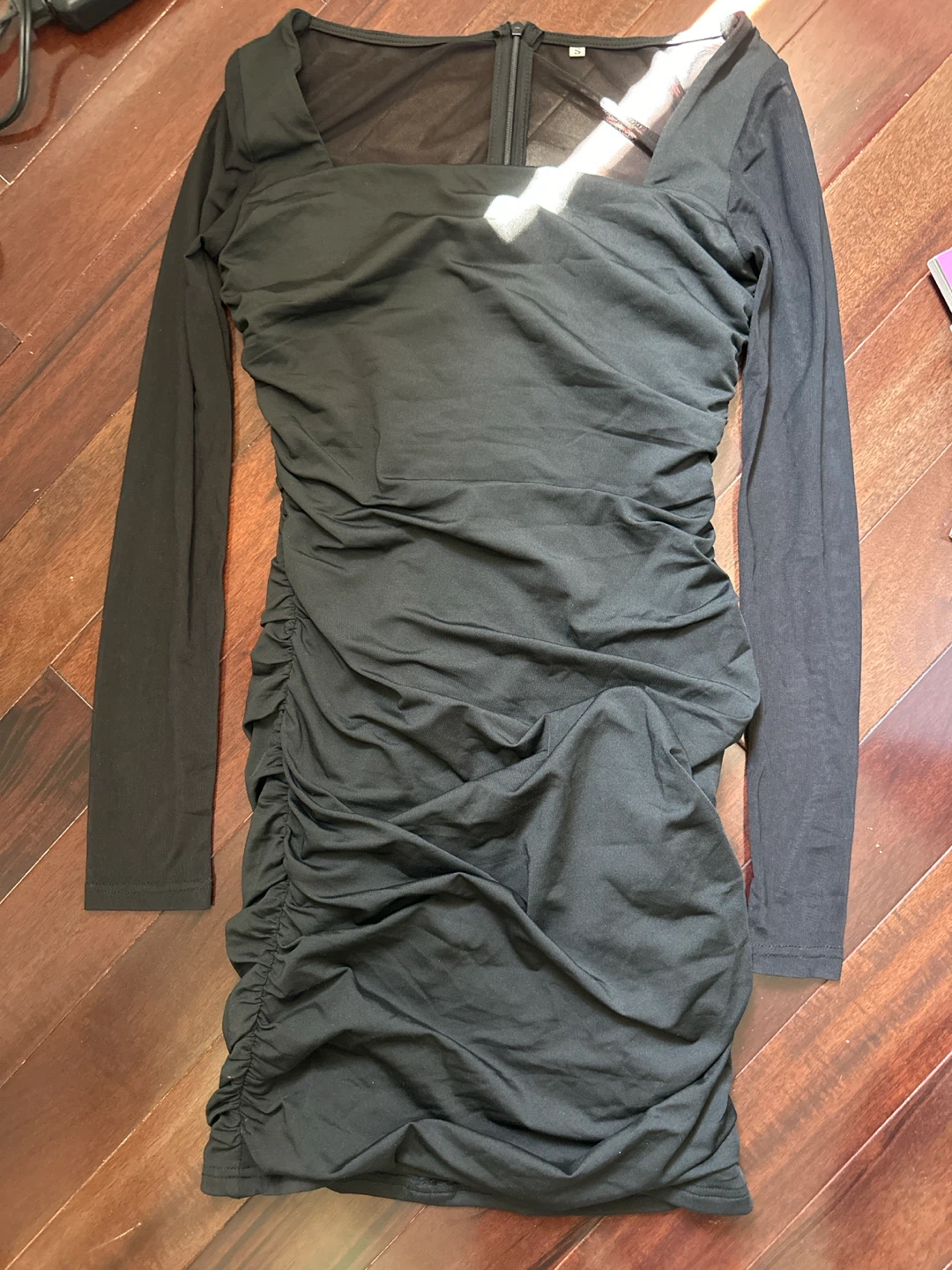 Black Ruched Mesh Top Long Sleeve Dress