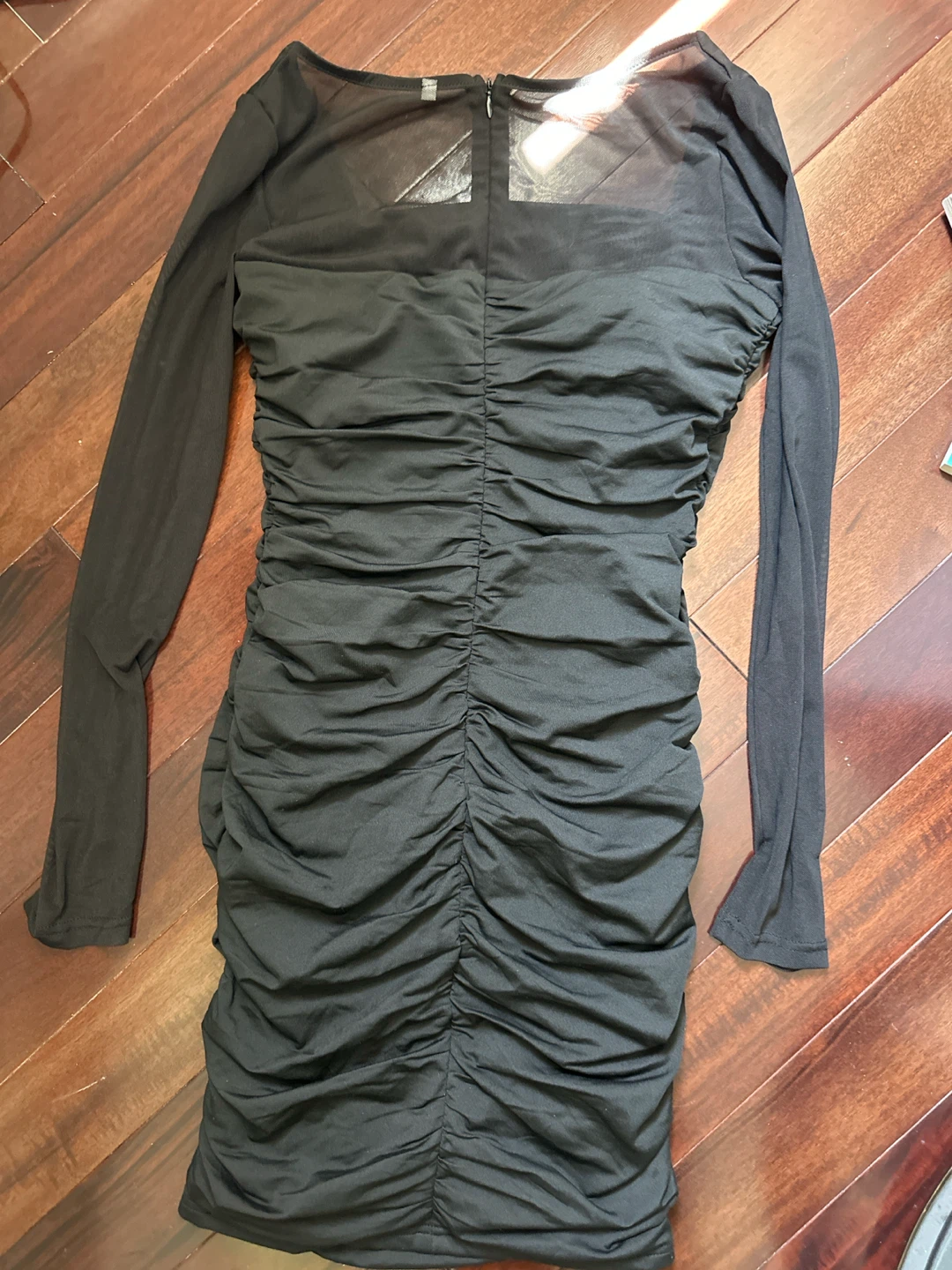 Black Ruched Mesh Top Long Sleeve Dress - photo 2