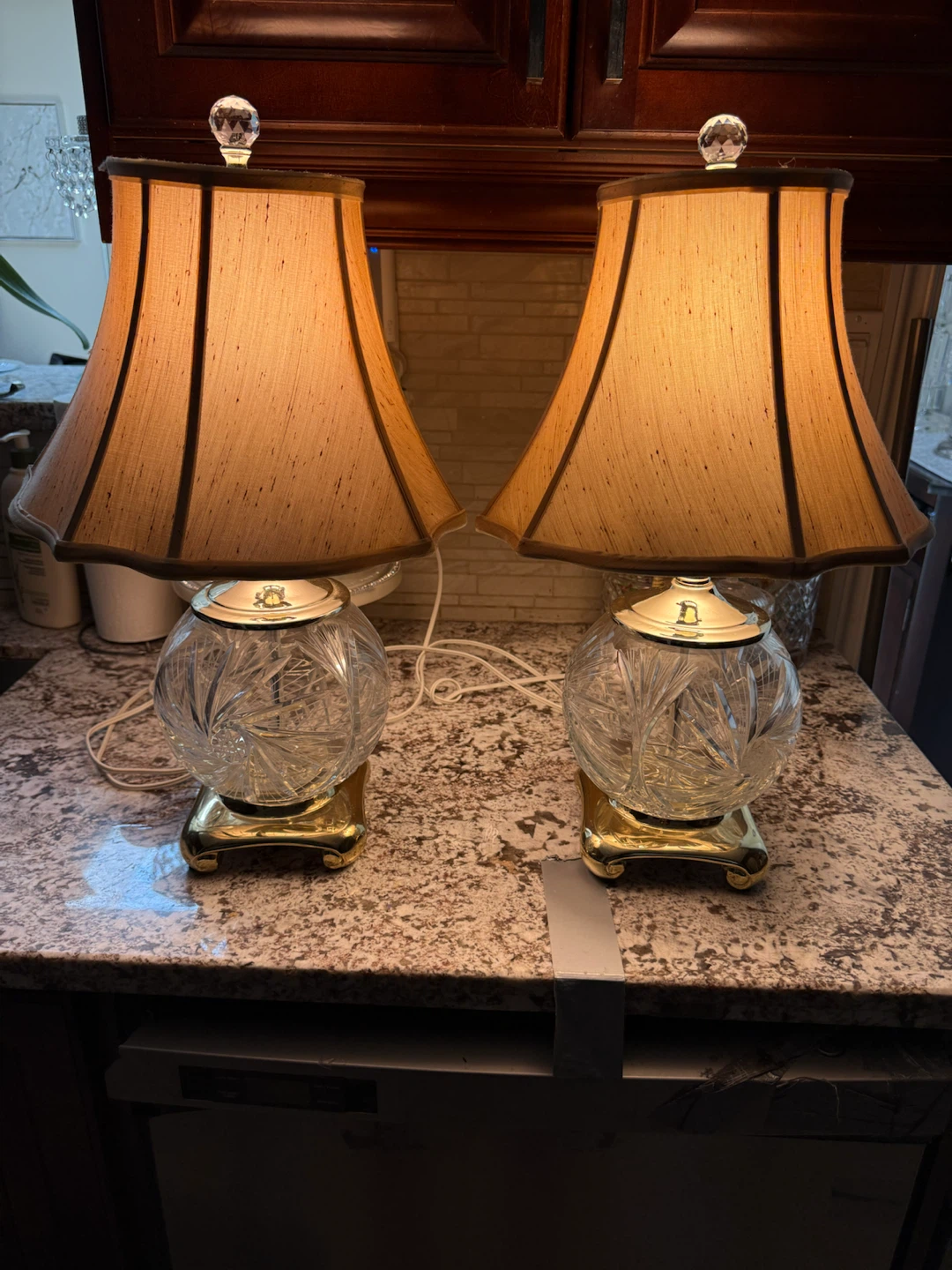 Pair of Crystal Table Lamps with Beige Shades
