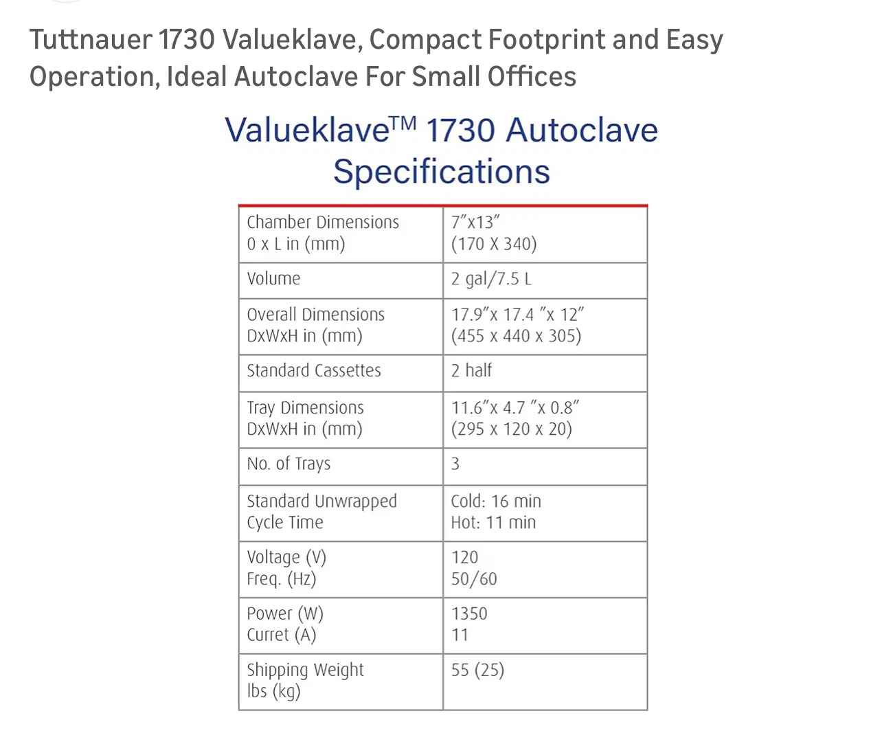Tuttnauer 1730 Valueklave Autoclave - photo 3