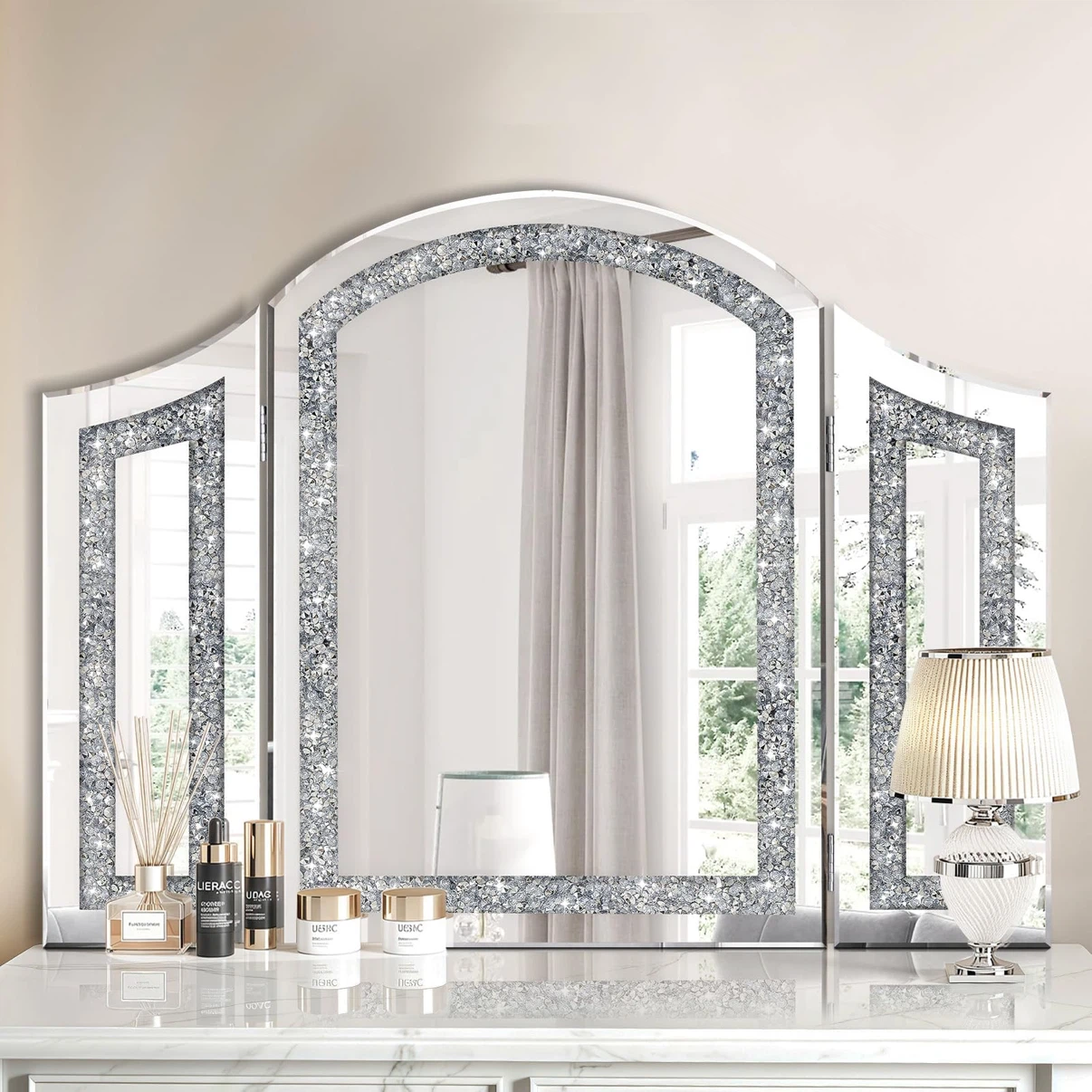 Modern Trifold Crushed Diamond Vanity Mirror