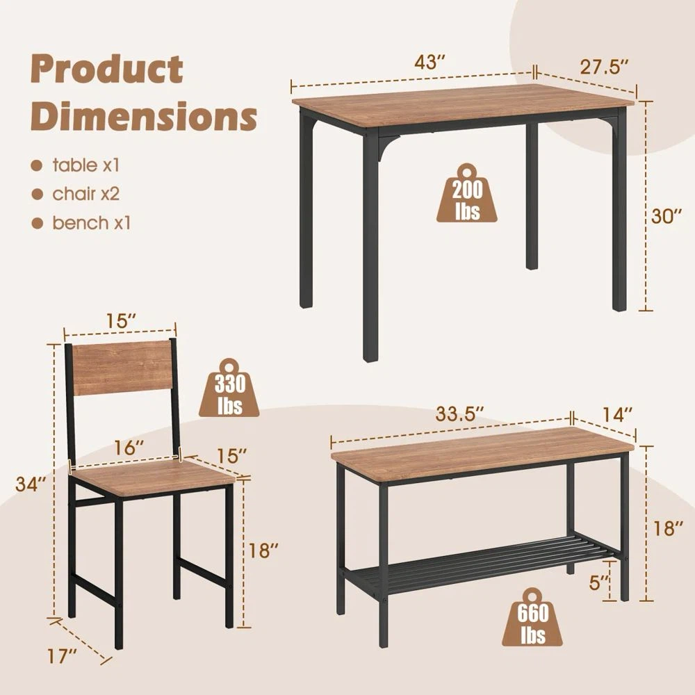 Dining Table Set with 2 Chairs and Bench - photo 4