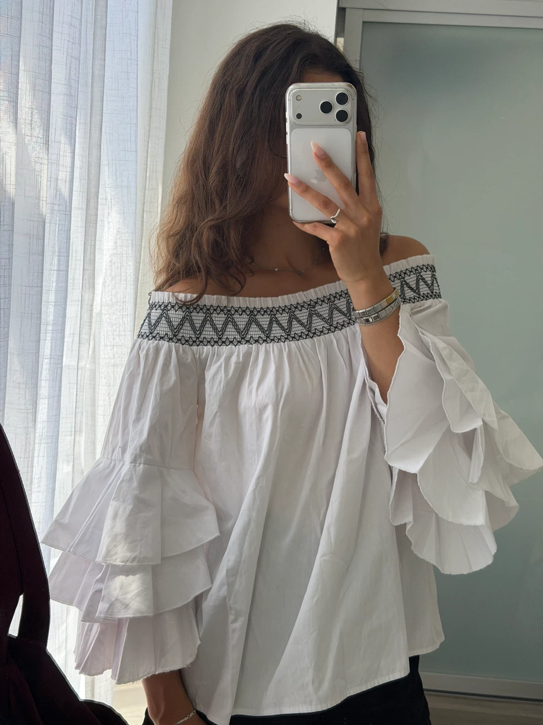 White Off-the-Shoulder Blouse with Ruffled Sleeves