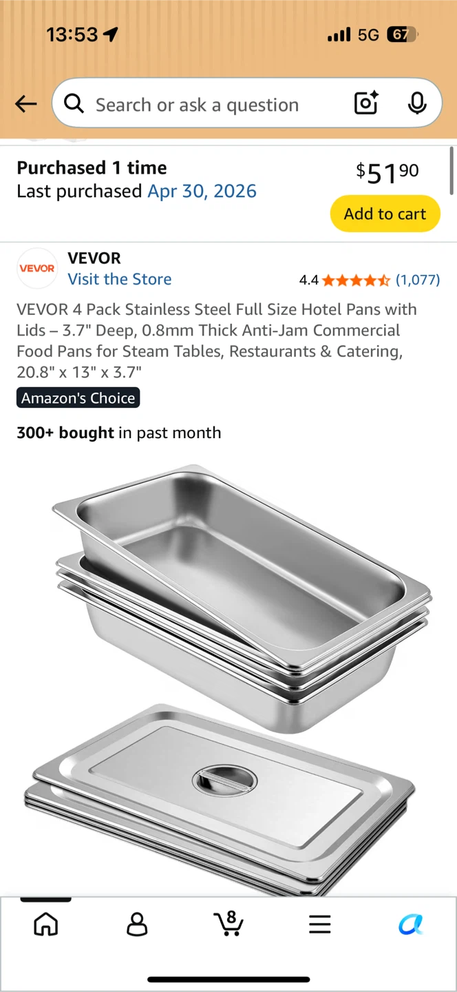 VEVOR 4 Pack full size Stainless Steel Hotel Pans