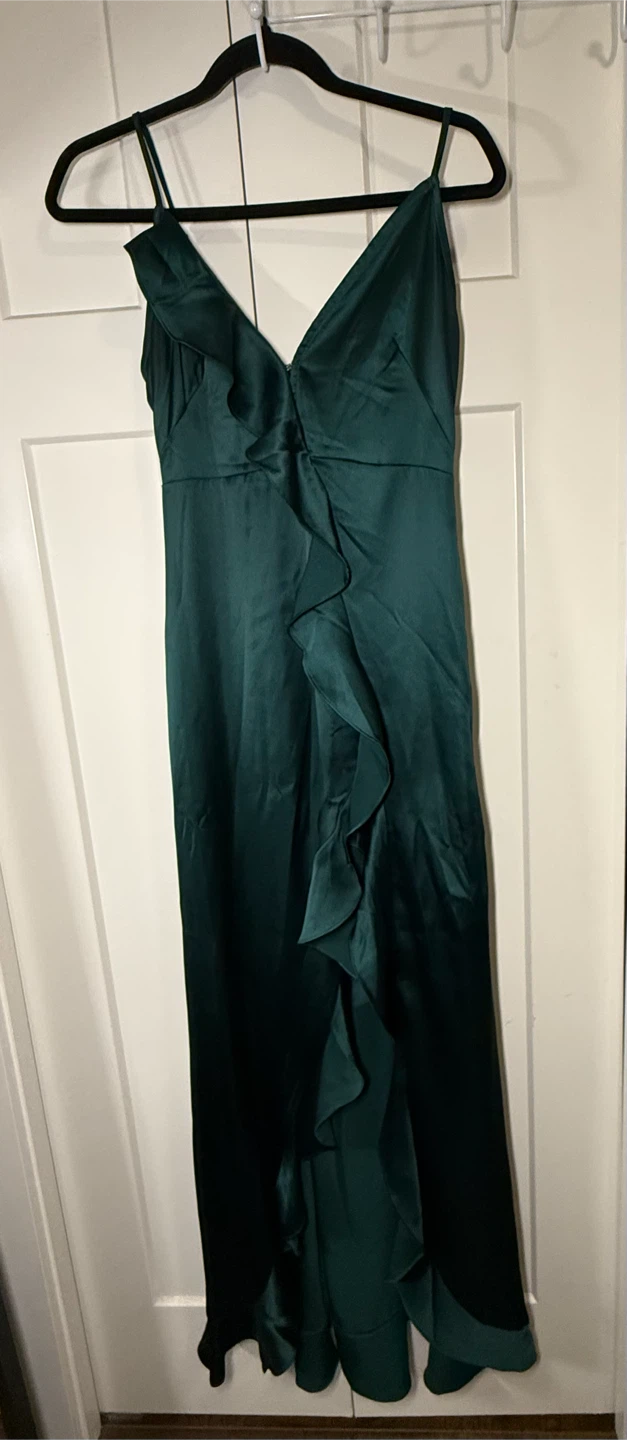 Emerald Green Satin Ruffle Maxi Dress