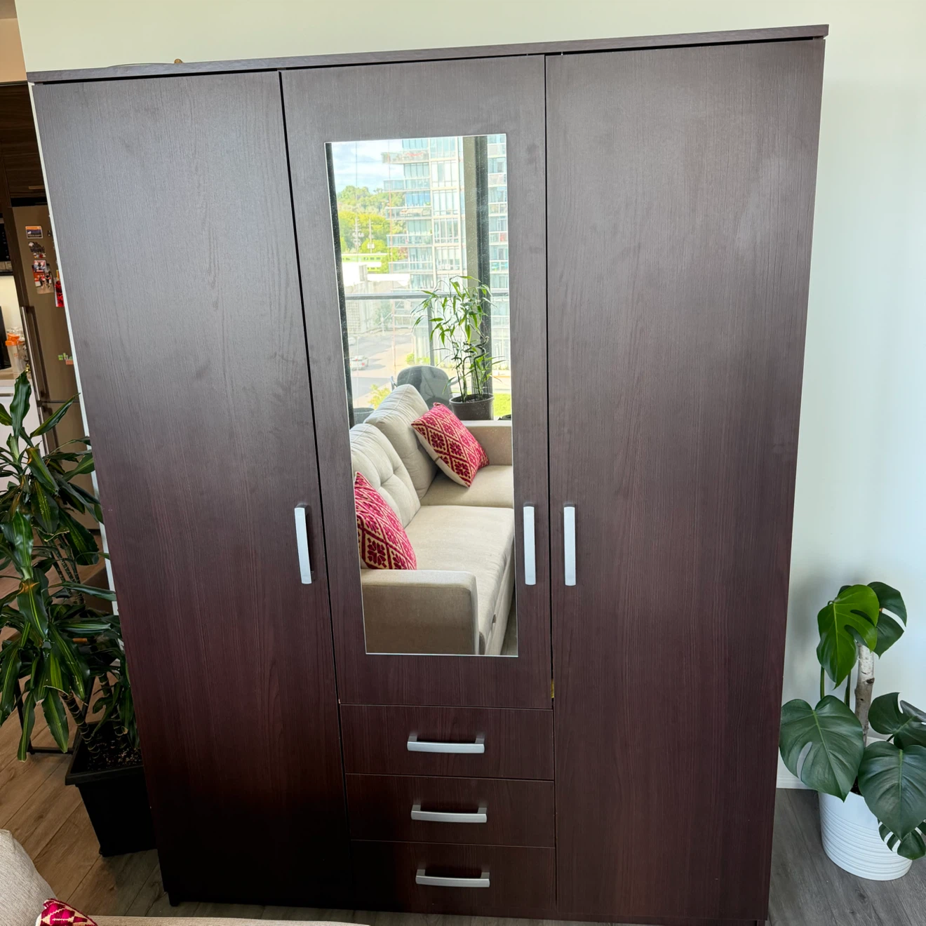 Dark Wood Wardrobe with Mirror and Drawers