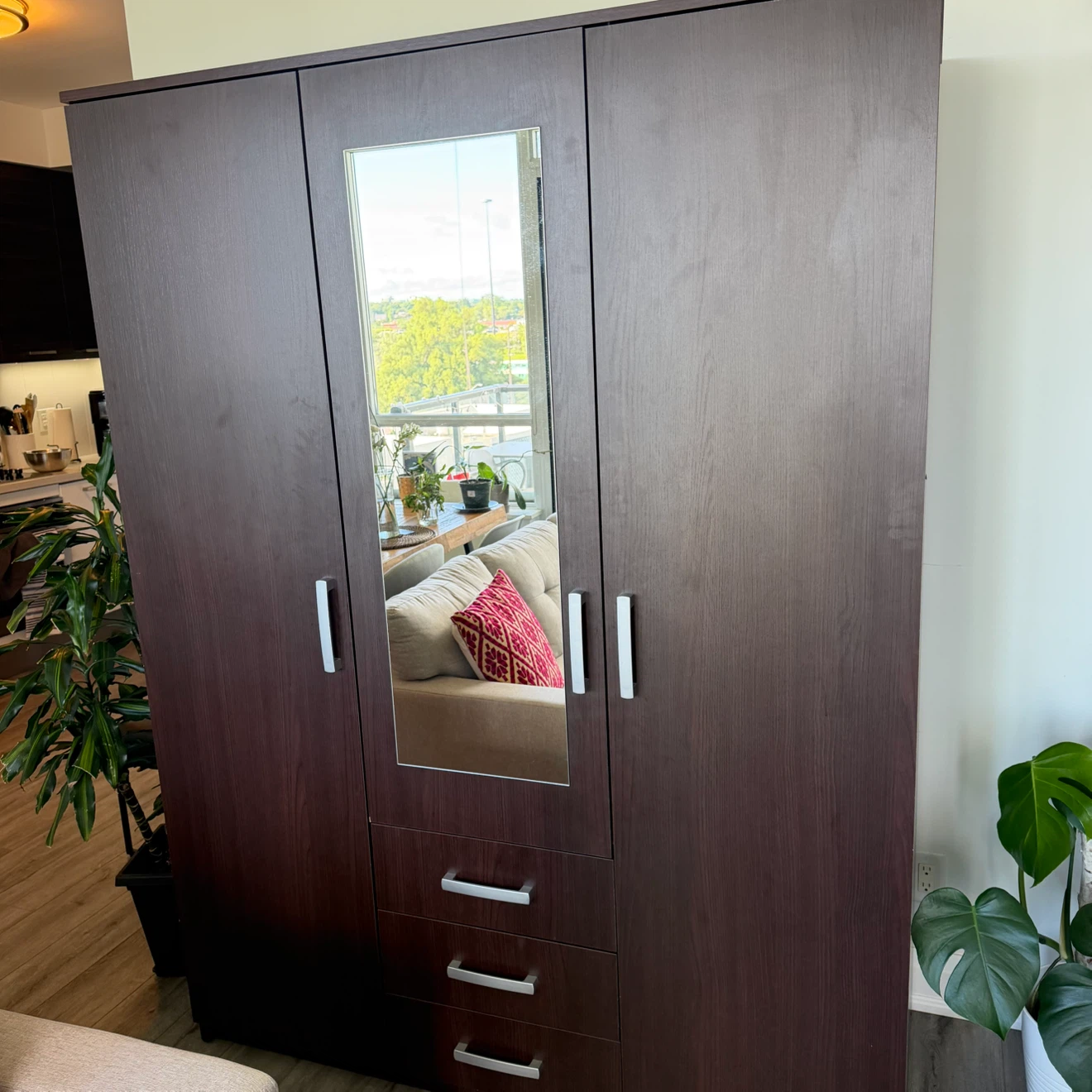 Dark Wood Wardrobe with Mirror and Drawers - photo 2