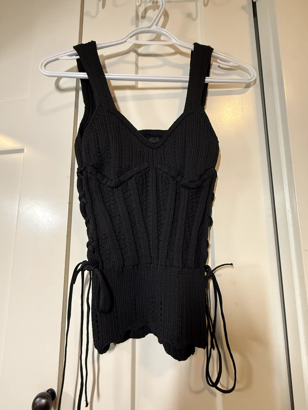Black Corset Style Knit Top with Lace-Up Sides