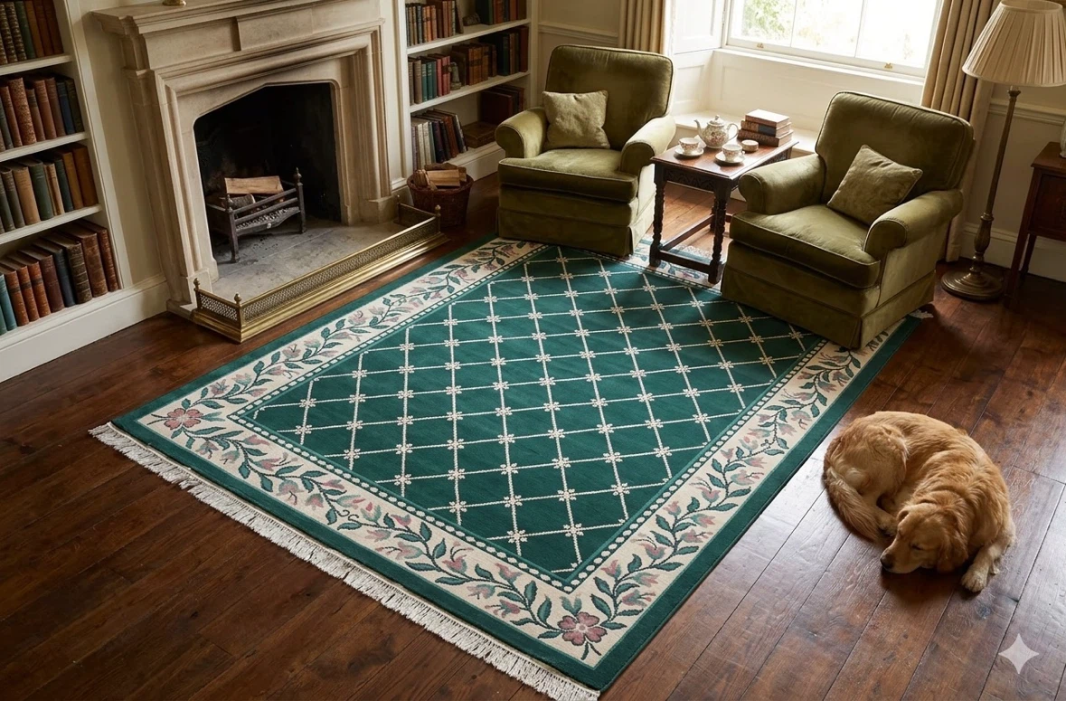 Green Area Rug with Floral Border