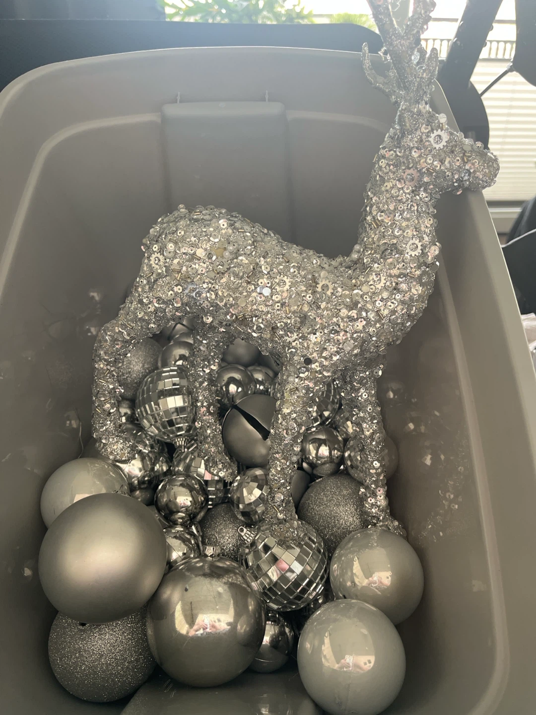 Silver Sequin Reindeer and Christmas Ornaments Set