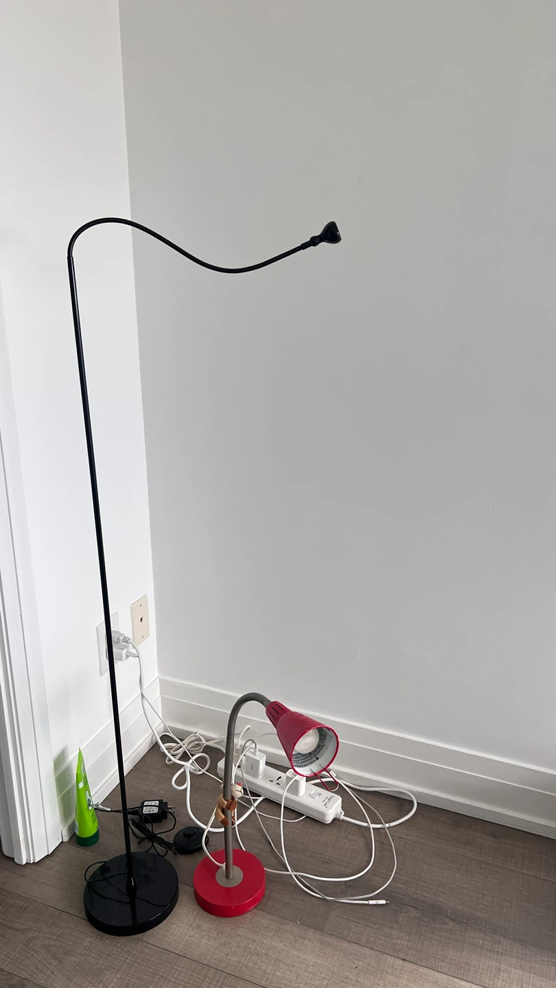 Black Floor Lamp with Gooseneck and Red Desk Lamp