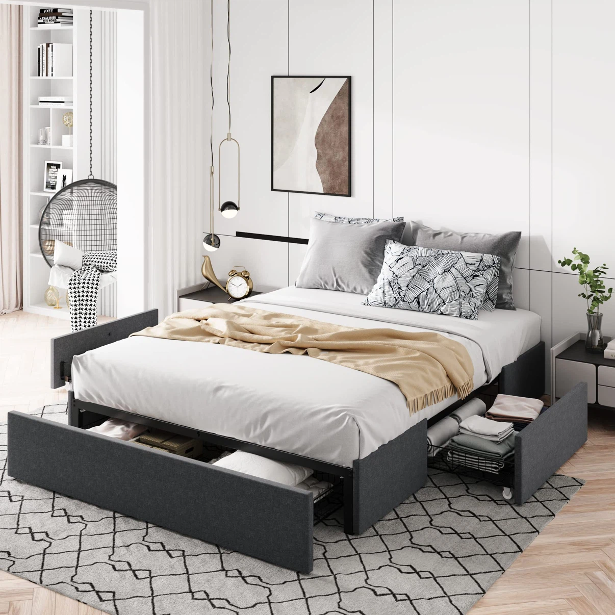 Allewie Full Size Platform Bed Frame with 3 Storage Drawers